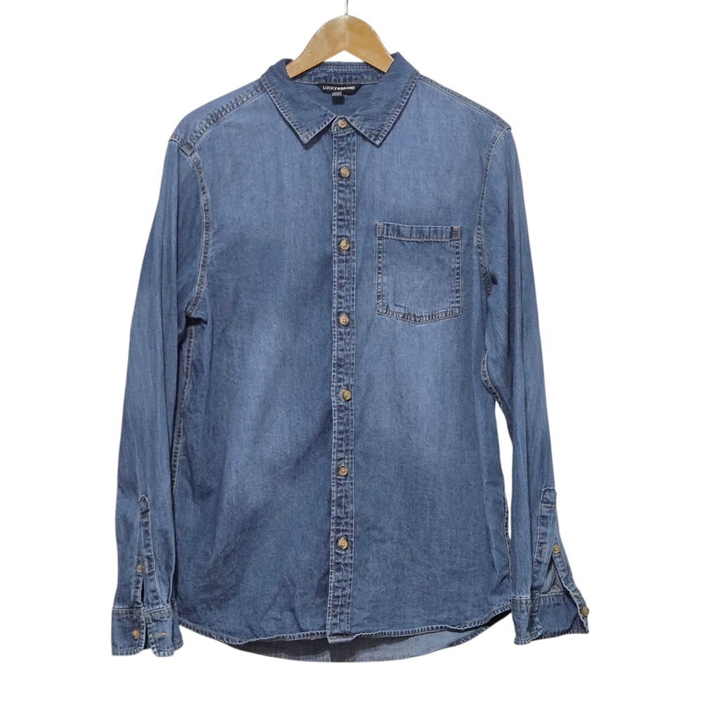 Lucky Brand Chambray Denim Button Down Shirt – Classic Casual Mens Size Medium